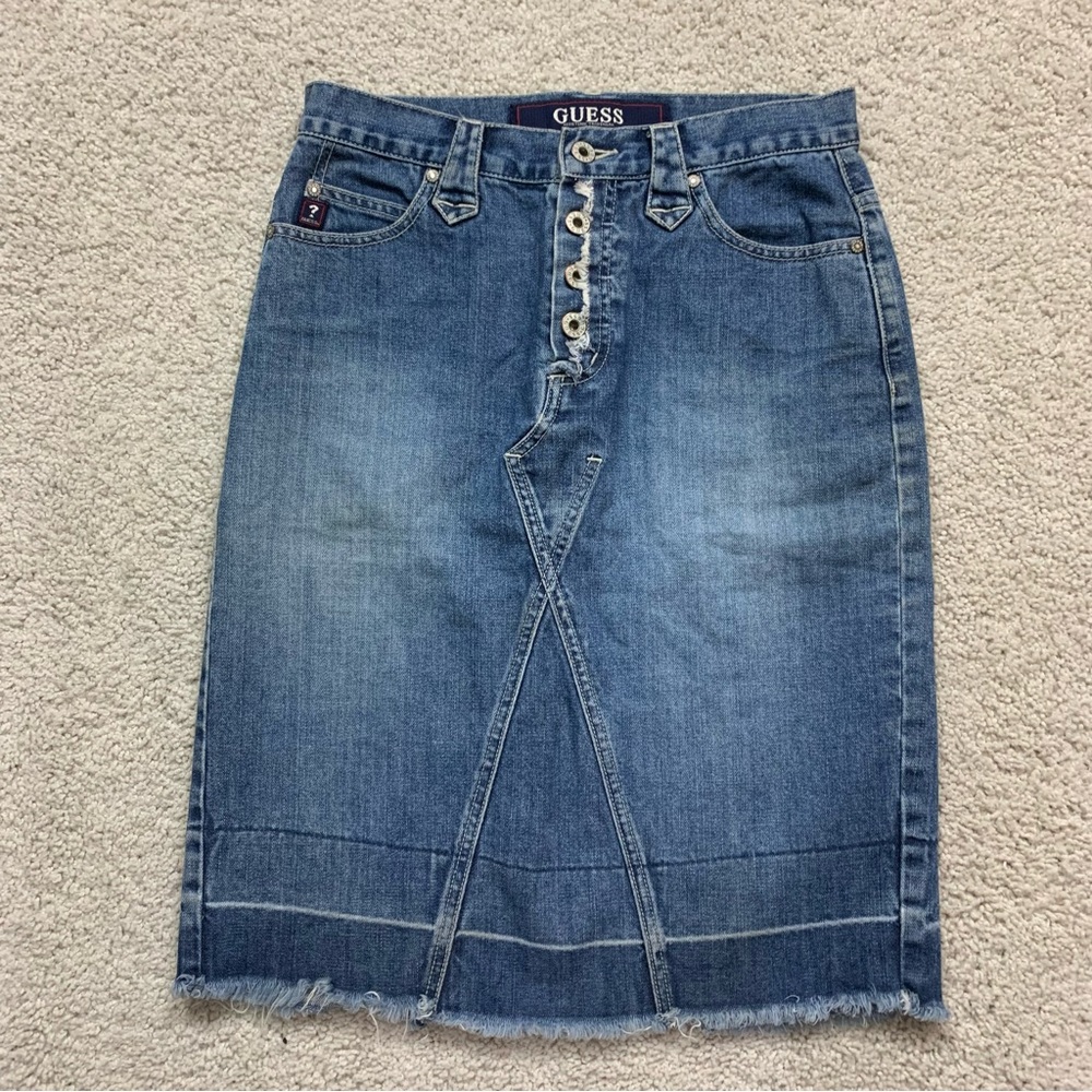 VINTAGE Y2K Women's GUESS Fitted DENIM Raw Hem JEAN Midi SKIRT 26
